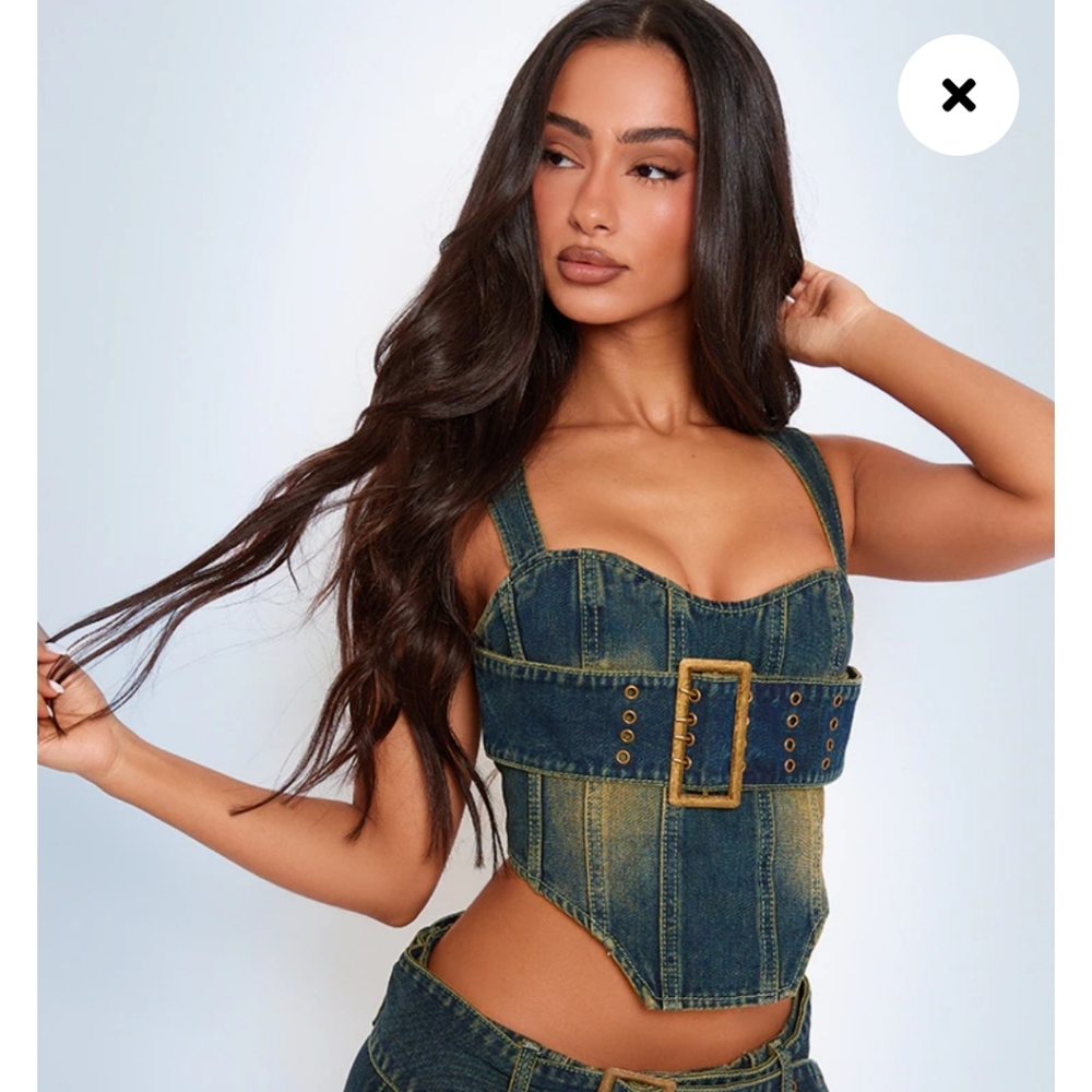 Pretty Little Thing denim buckle crop top